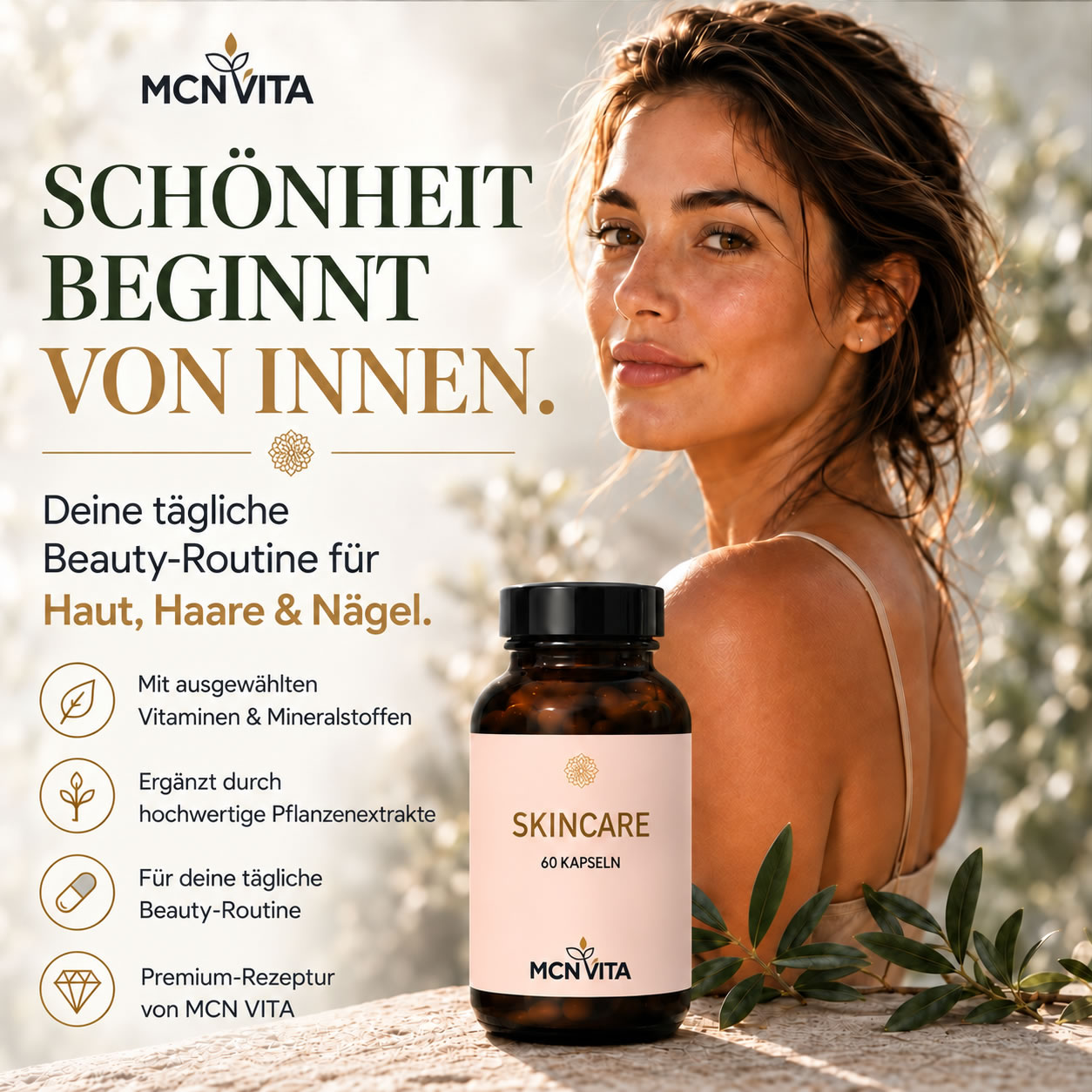 MCNVITA SKINCARE Nahrungsergänzung für Haut, Haare und Nägel mit Frau und Produktflasche