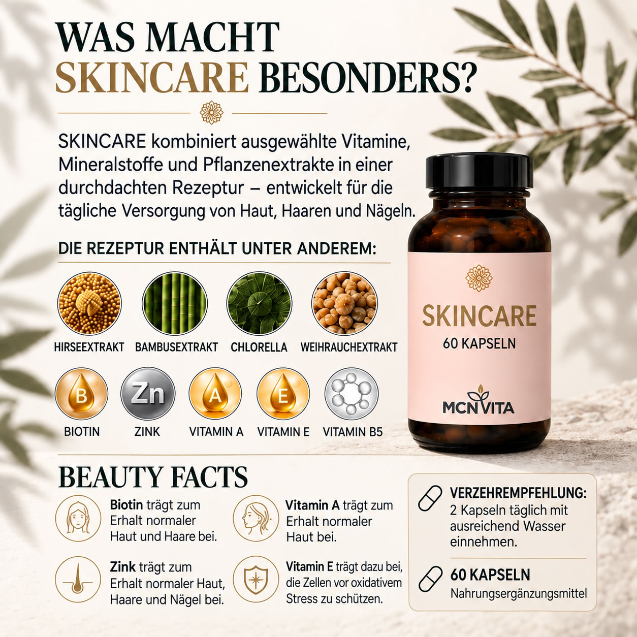MCNVITA SKINCARE mit ausgewählten Vitaminen, Mineralstoffen und Pflanzenextrakten