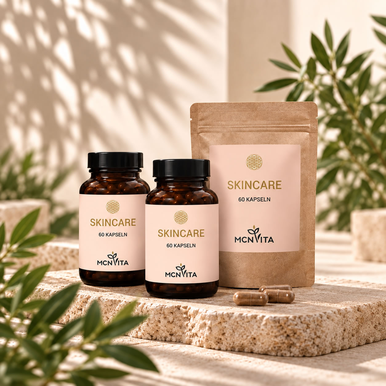 MCNVITA SKINCARE Kapseln in zwei Flaschen und Nachfüllpackung