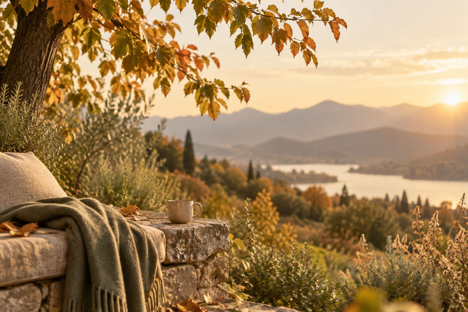 Herbstliche Landschaft bei Sonnenuntergang mit Decke und Tasse auf einer Steinmauer