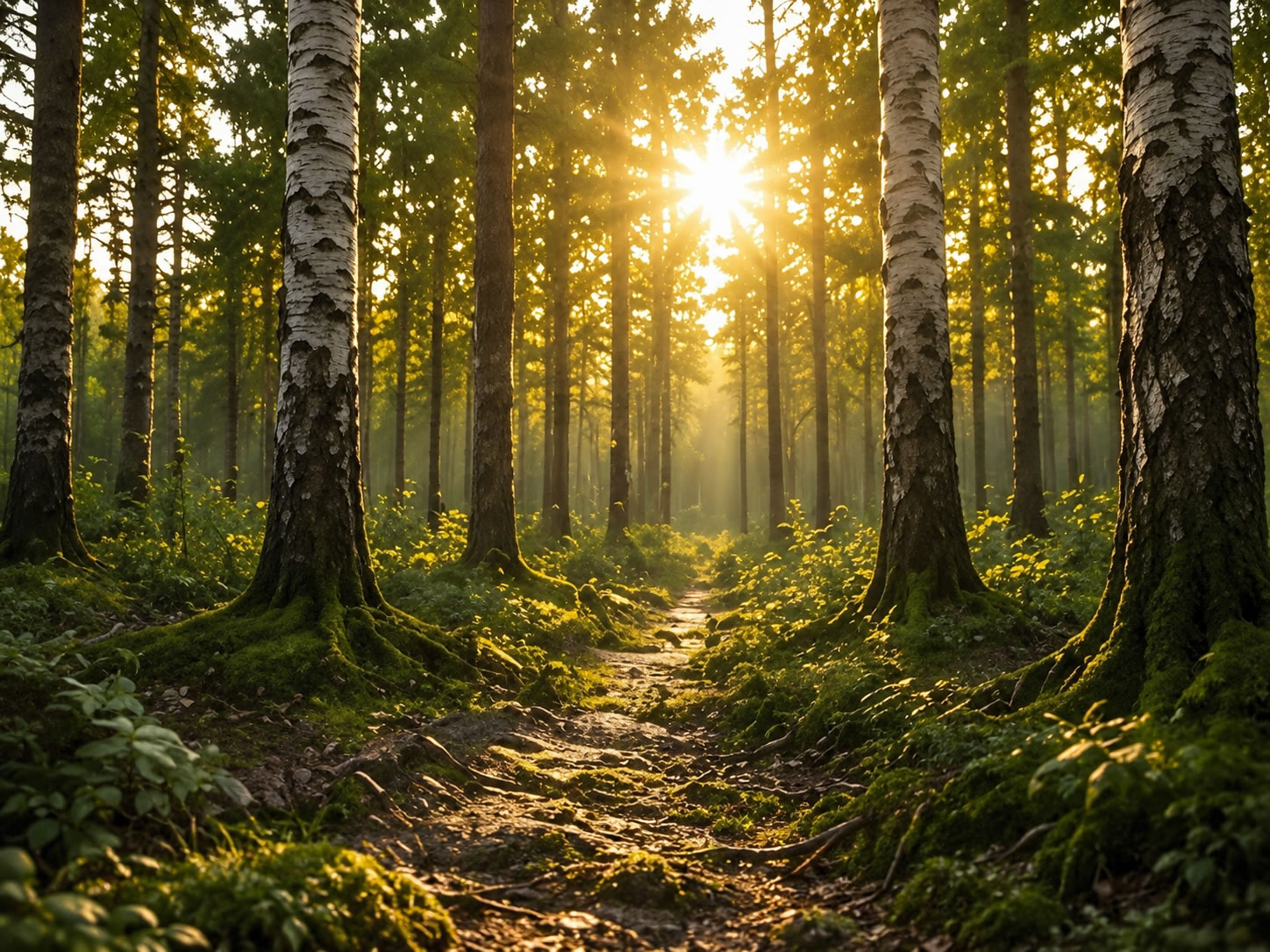 Waldpfad mit Sonnenlicht zwischen Birken