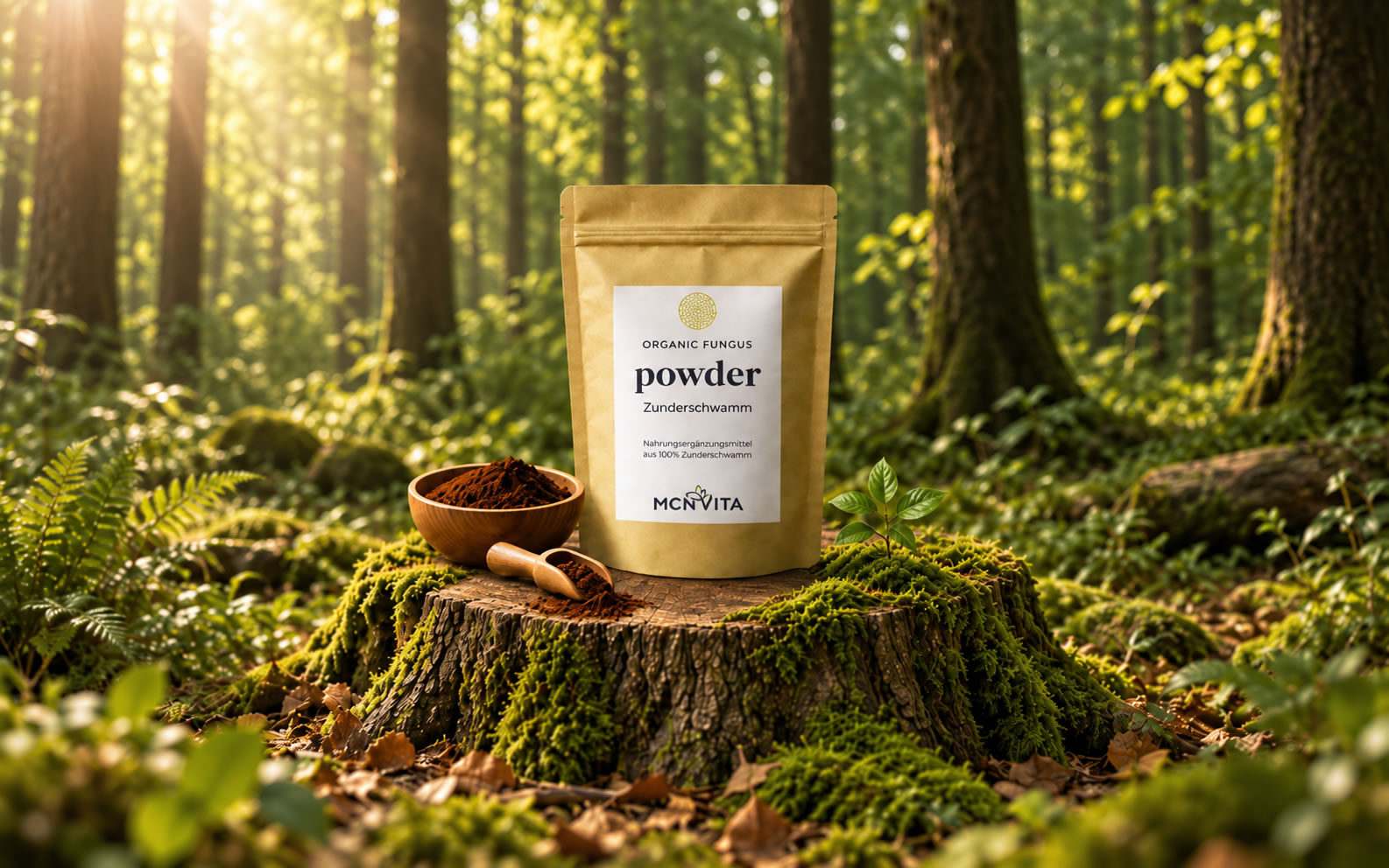 MCNVITA Zunderschwamm Pulver Nachfüllpackung mit Schale, Holzschaufel und Zunderschwamm im Wald