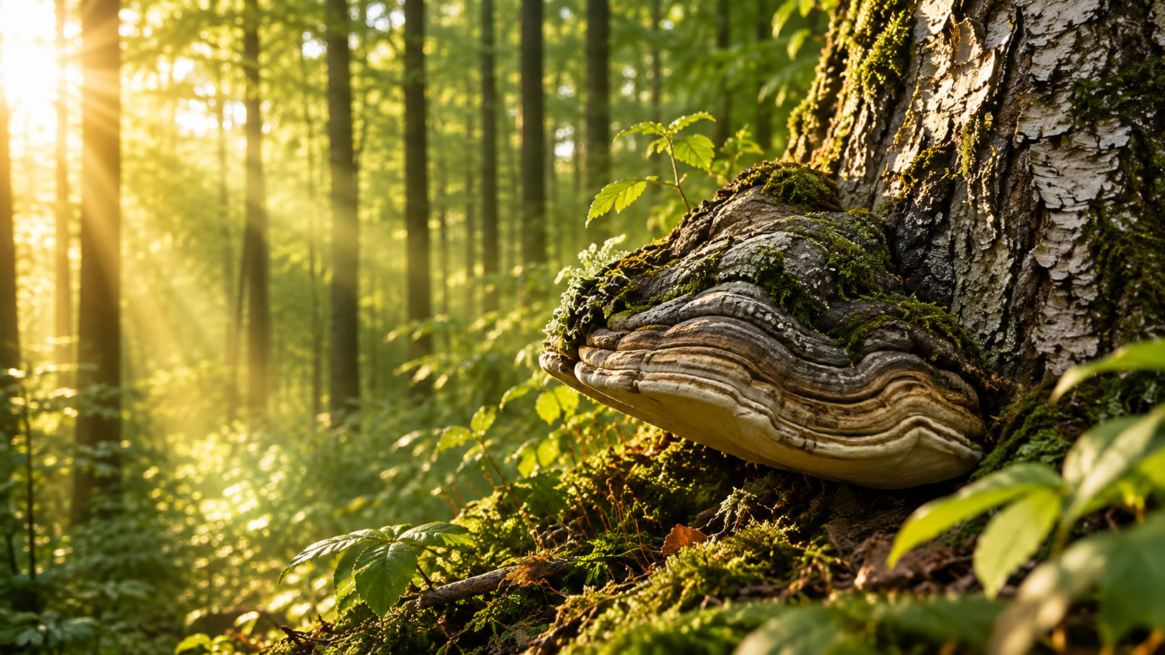 Zunderschwamm an einem Birkenstamm im Wald mit warmem Sonnenlicht