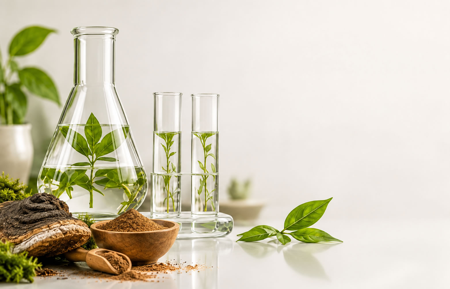 Glasgefäße mit Pflanzen im Labor-/Naturmotiv