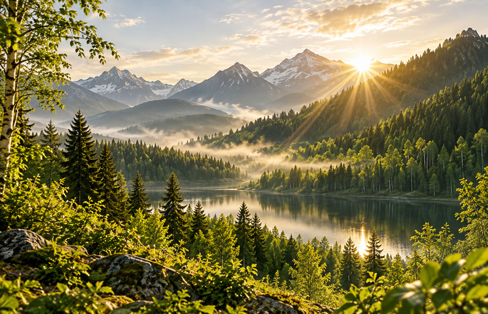 Berg- und Waldlandschaft im Sonnenlicht