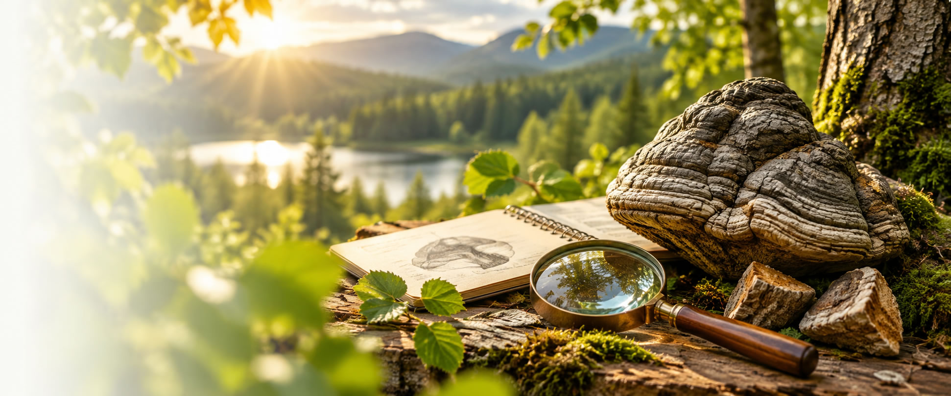 Zunderschwamm mit Lupe und Naturkundebuch in sonniger Waldlandschaft