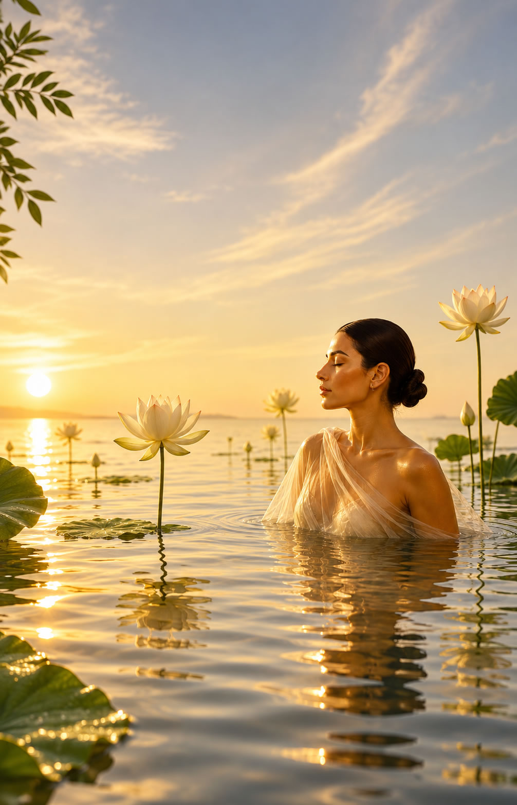 Frau im Wasser zwischen Lotusblüten im goldenen Abendlicht