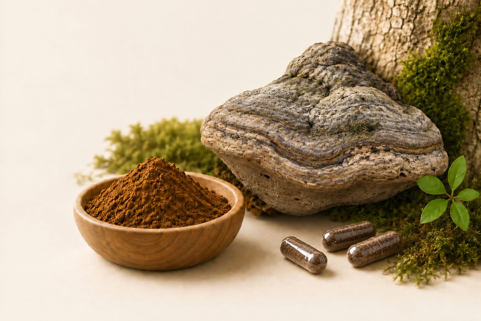 Zunderschwamm, Schale mit Pulver und Kapseln im Wald